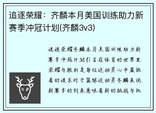 追逐荣耀：齐麟本月美国训练助力新赛季冲冠计划(齐麟3v3)