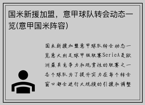 国米新援加盟，意甲球队转会动态一览(意甲国米阵容)