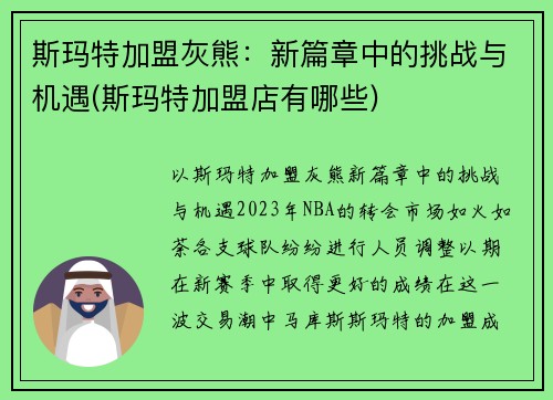 斯玛特加盟灰熊：新篇章中的挑战与机遇(斯玛特加盟店有哪些)