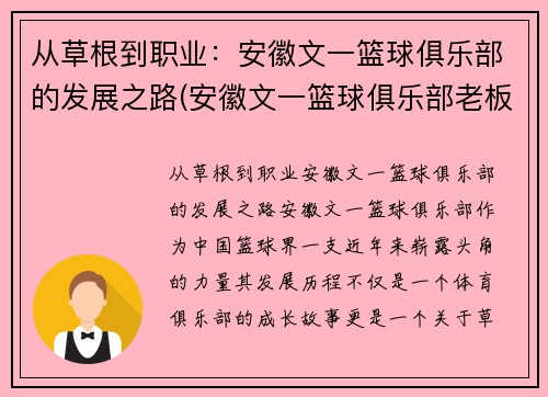 从草根到职业：安徽文一篮球俱乐部的发展之路(安徽文一篮球俱乐部老板)