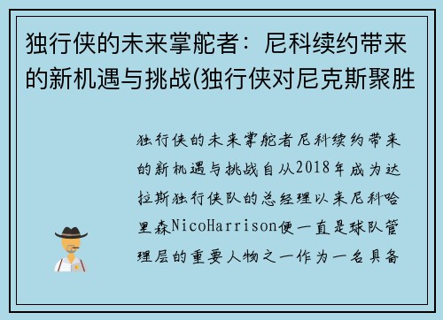 独行侠的未来掌舵者：尼科续约带来的新机遇与挑战(独行侠对尼克斯聚胜顽球汇)